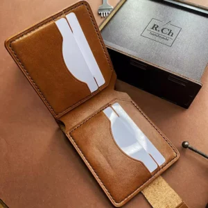 Light brown leather wallet for men with engraving, closed design