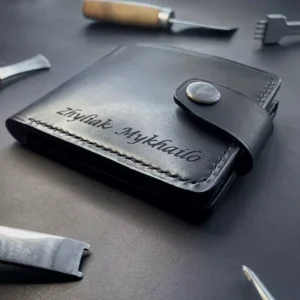 Black leather wallet for men with engraving, front